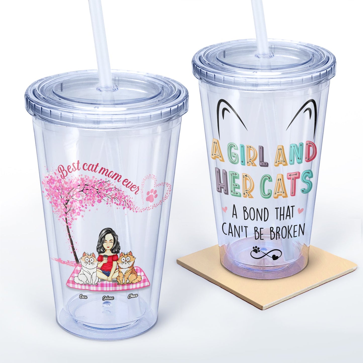 A Girl And Her Cats A Bond That Can't Be Broken - Gift For Cat Lovers - Personalized Acrylic Insulated Tumbler With Straw