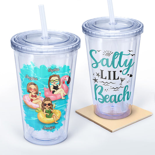 Salty Lil' Beach Tanned And Tipsy Pool Hair Don't Care - Birthday, Anniversary, Travel, Vacation Gift For Girl, Bestie, Sister - Personalized Acrylic Insulated Tumbler With Straw